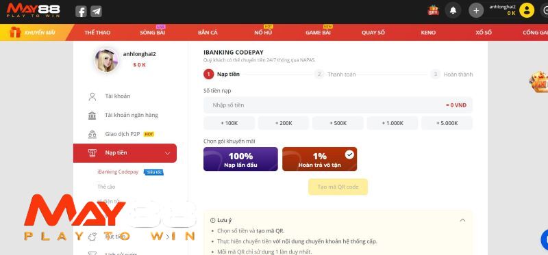 Hướng dẫn nạp tiền May88 qua Codepay