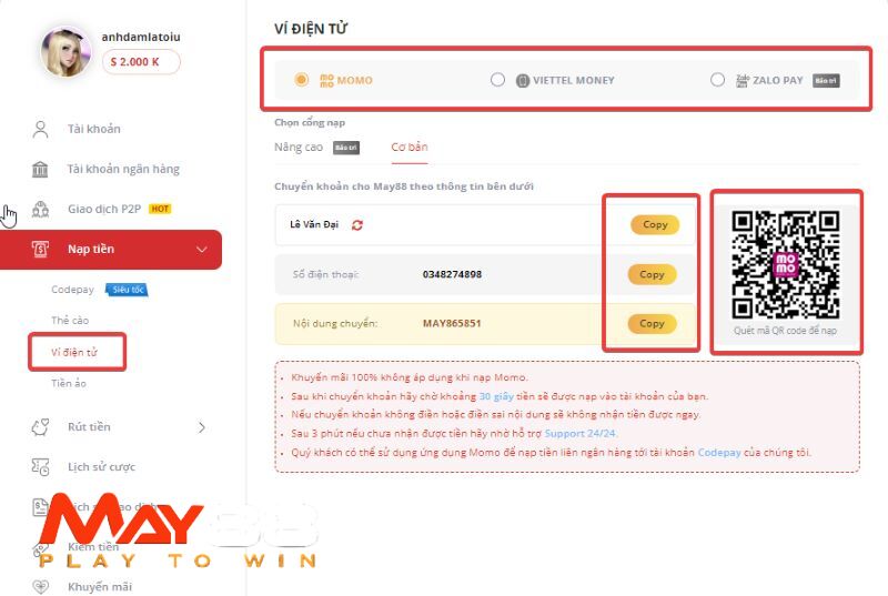 Hướng dẫn nạp tiền qua ví điện tử tại nhà cái May88