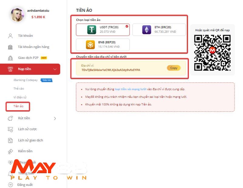 Hướng dẫn nạp tiền thông qua kênh tiền ảo